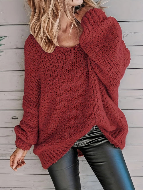 Kacob | Women's Chunky Knit Jumper – V-Neck Oversized Slouchy Jumper