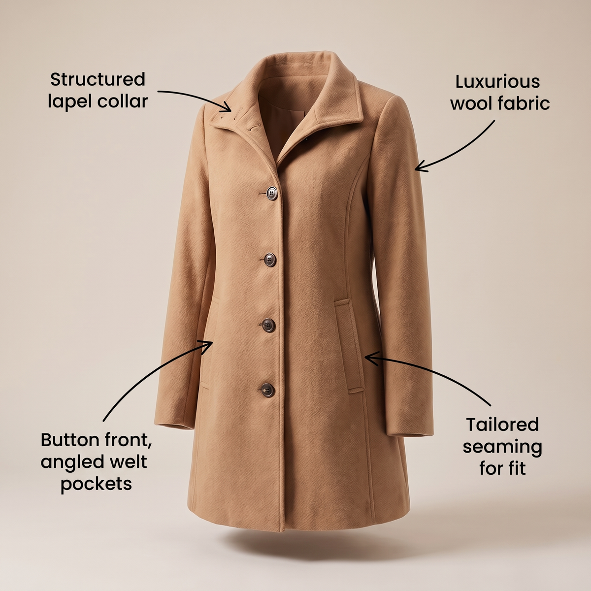 Kacob | Women's Classic Straight Cut Button Coat – Tailored Winter Coat for Women