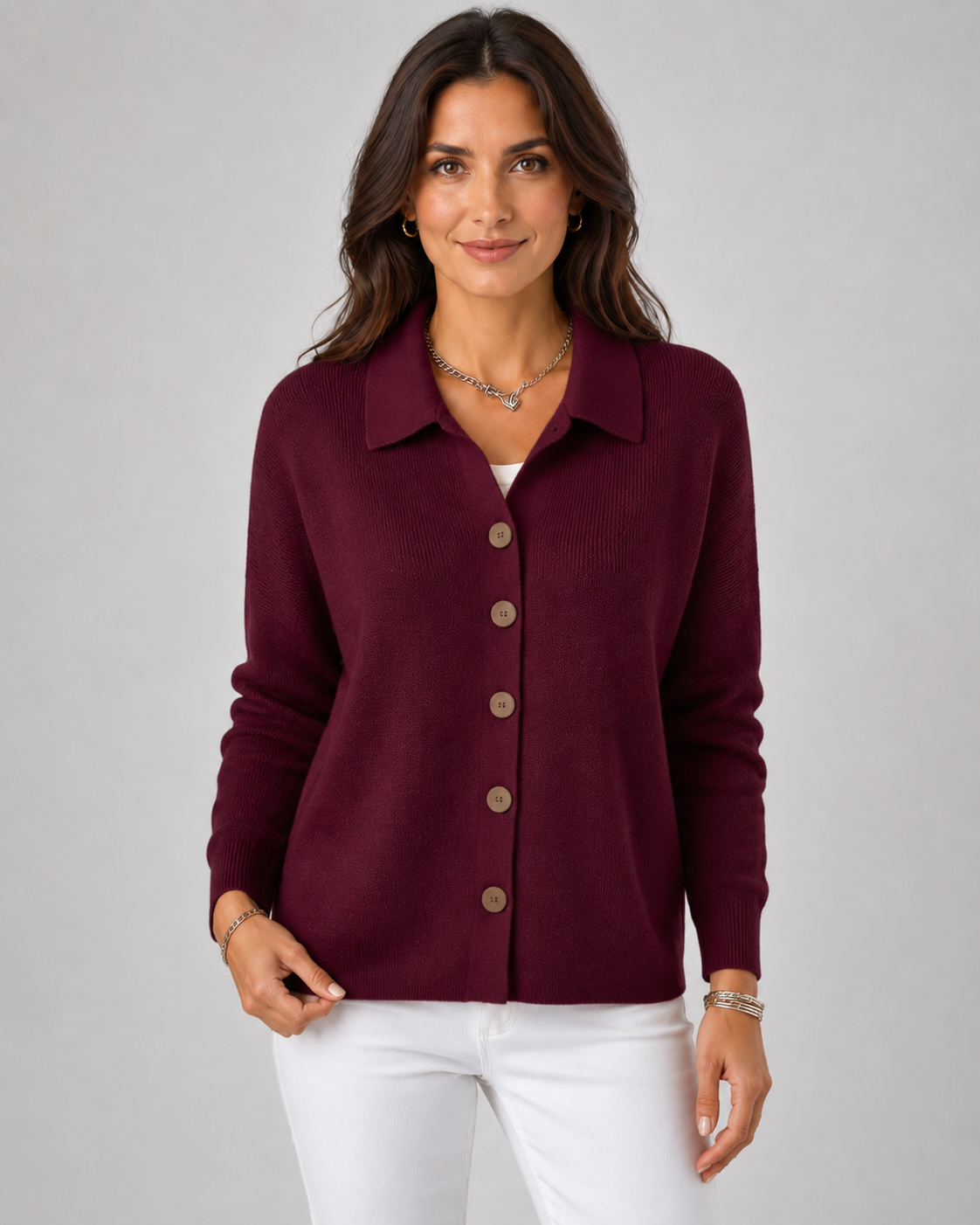 Women's Collared Button-Up Knit Cardigan – Relaxed Fit