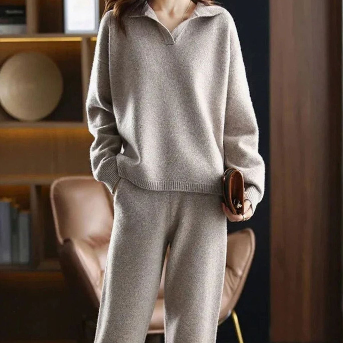 Kacob | Women's Collared Knit Lounge Set – V-Neck Jumper and Trousers Co Ord