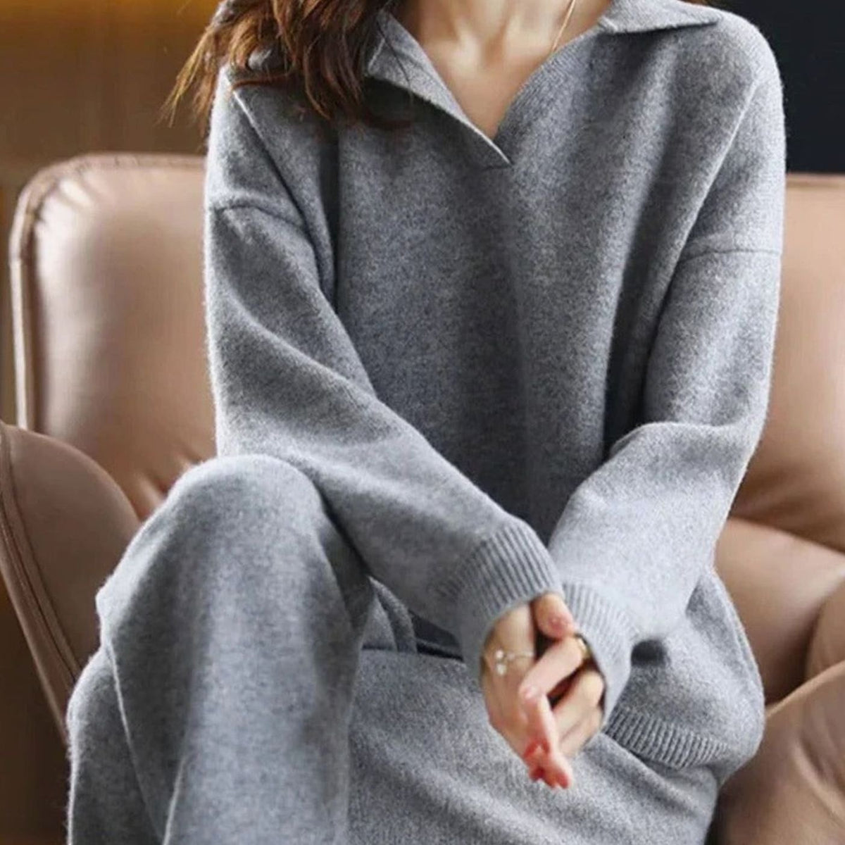 Kacob | Women's Collared Knit Lounge Set – V-Neck Jumper and Trousers Co Ord