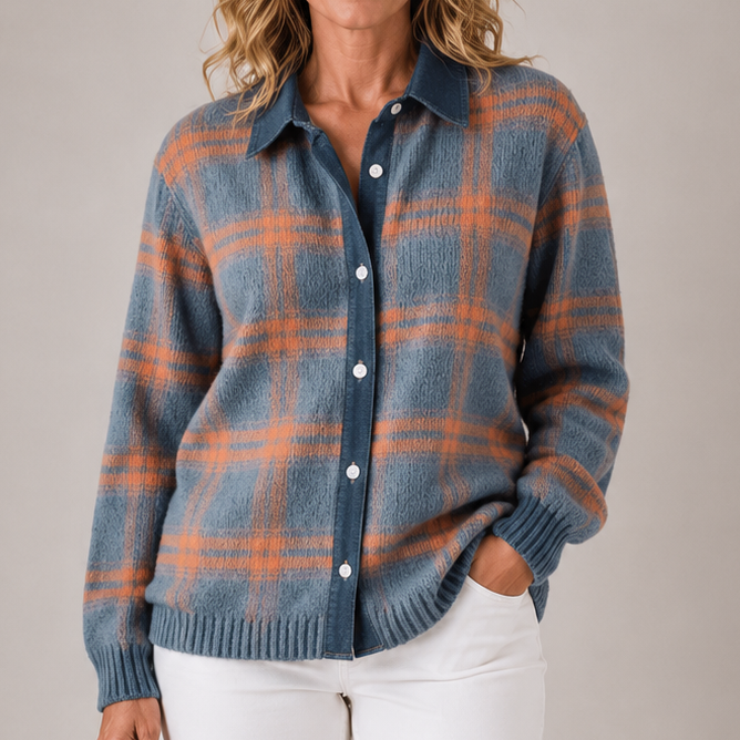 Kacob | Women's Collared Plaid Knit Cardigan – Check Button Front Knitwear