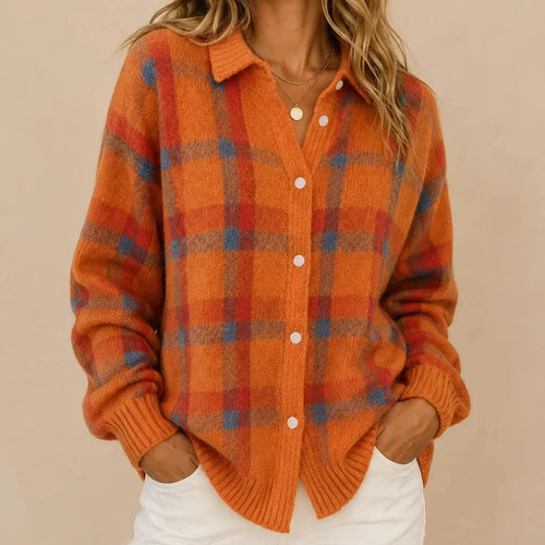 Kacob | Women's Collared Plaid Knit Cardigan – Check Button Front Knitwear
