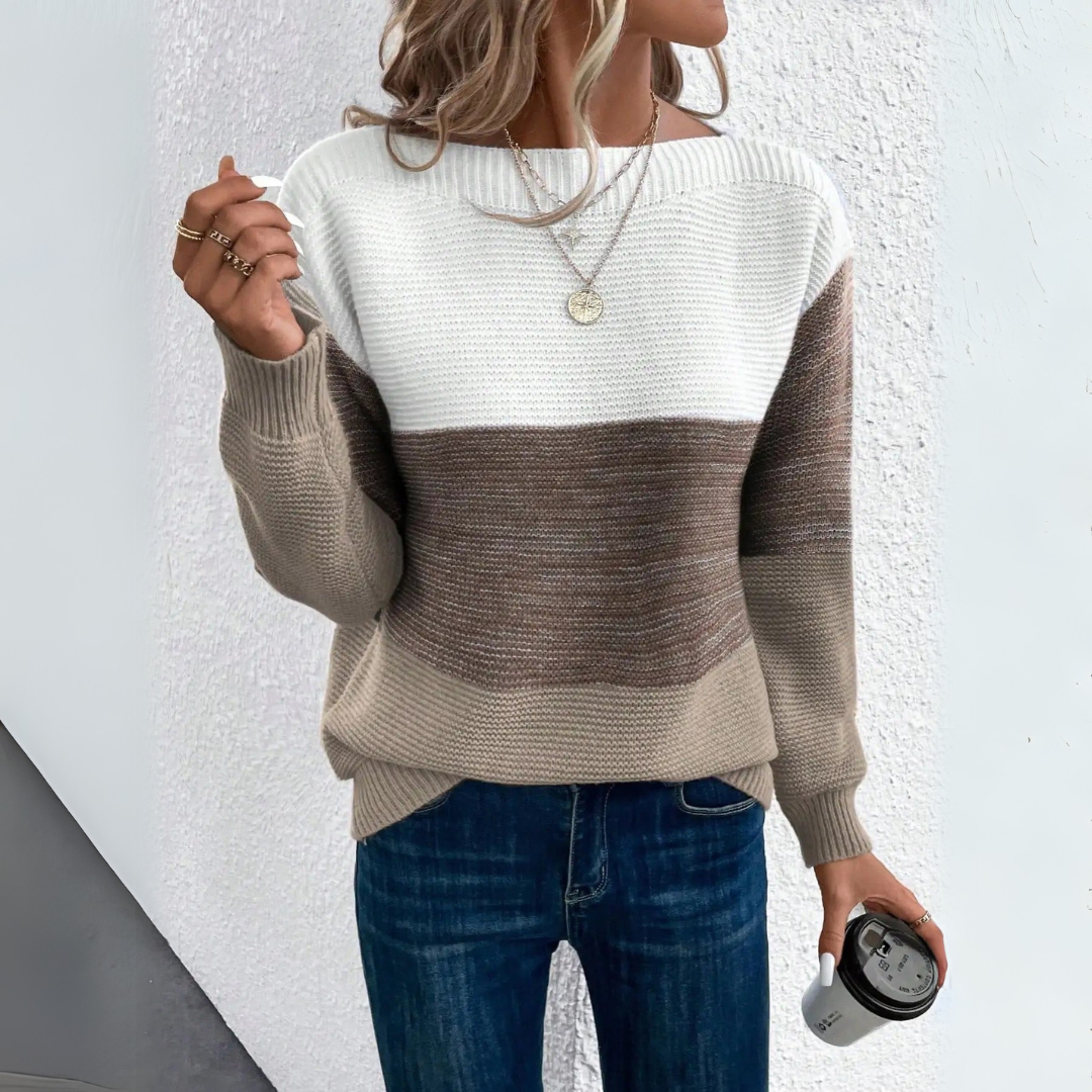 Kacob | Women's Colour Block Jumper – Boat Neck Striped Knitted Jumper