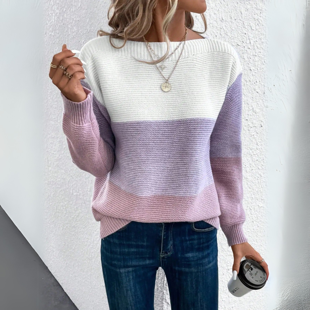 Kacob | Women's Colour Block Jumper – Boat Neck Striped Knitted Jumper