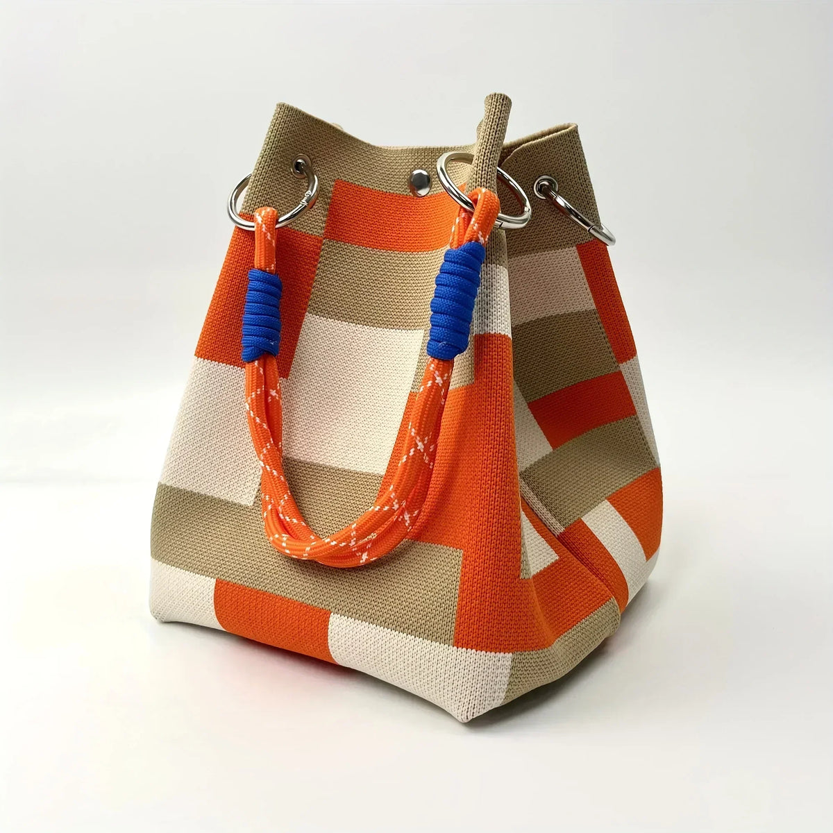 Women's Colour Block Knit Bucket Bag – Rope Handle Structured Drawstring Bag