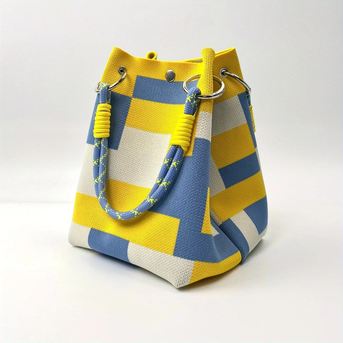 Women's Colour Block Knit Bucket Bag – Rope Handle Structured Drawstring Bag