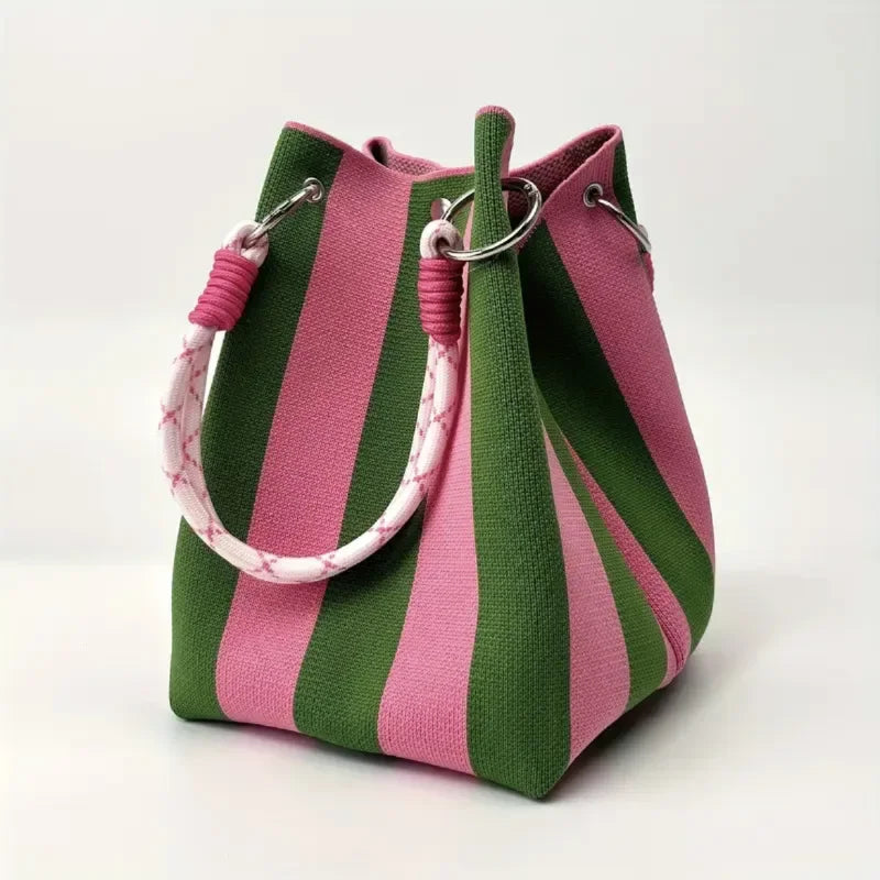 Women's Colour Block Knit Bucket Bag – Rope Handle Structured Drawstring Bag
