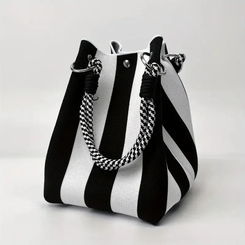 Women's Colour Block Knit Bucket Bag – Rope Handle Structured Drawstring Bag