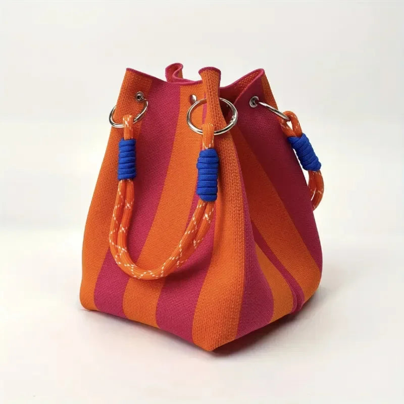 Women's Colour Block Knit Bucket Bag – Rope Handle Structured Drawstring Bag