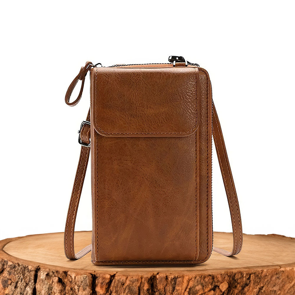 Women's Compact Crossbody Phone Bag – Vintage Look Purse with Card Slots and Zip Wallet