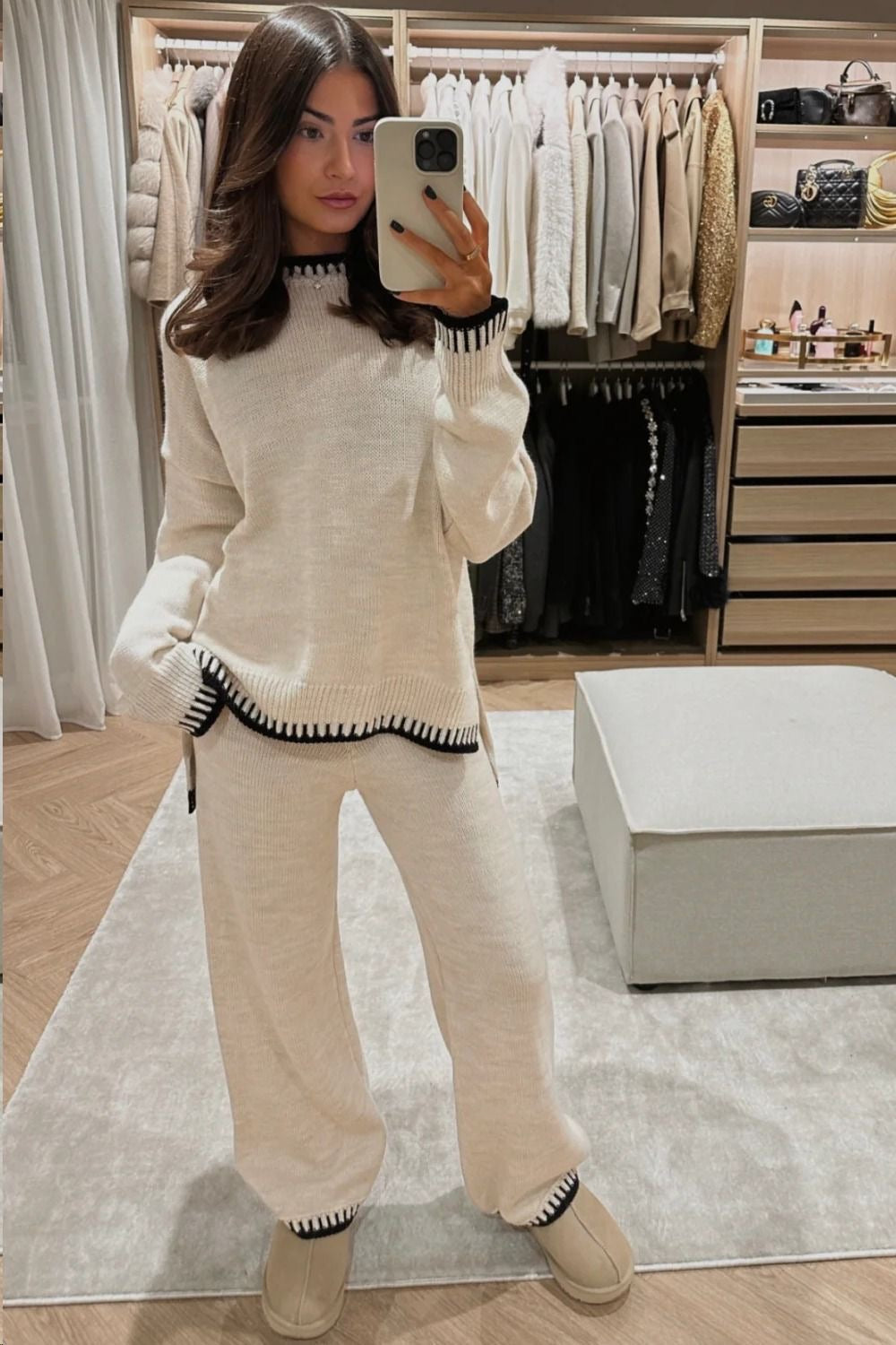 Kacob | Women's Contrast Trim Knit Co Ord – Oversized Jumper and Wide Leg Trousers
