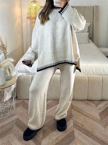 Kacob | Women's Contrast Trim Knit Co Ord – Oversized Jumper and Wide Leg Trousers