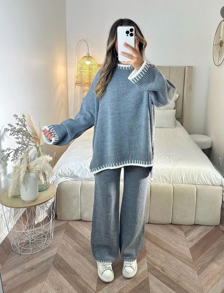 Kacob | Women's Contrast Trim Knit Co Ord – Oversized Jumper and Wide Leg Trousers