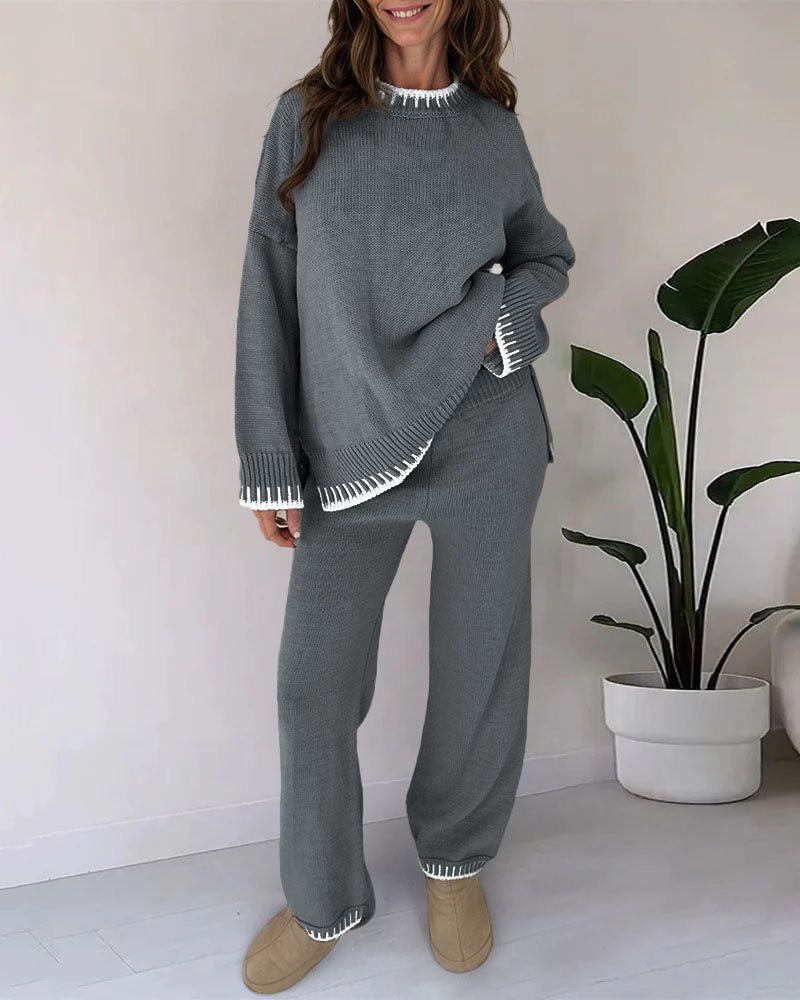 Kacob | Women's Contrast Trim Knit Co Ord – Oversized Jumper and Wide Leg Trousers