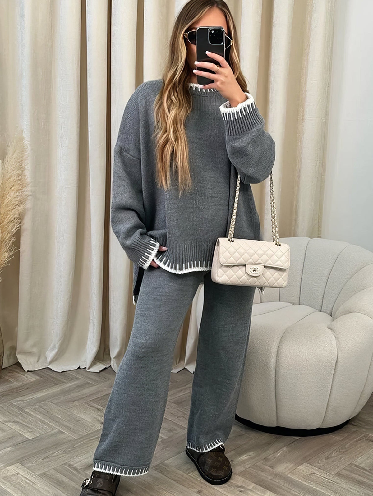 Kacob | Women's Contrast Trim Knit Co Ord – Oversized Jumper and Wide Leg Trousers