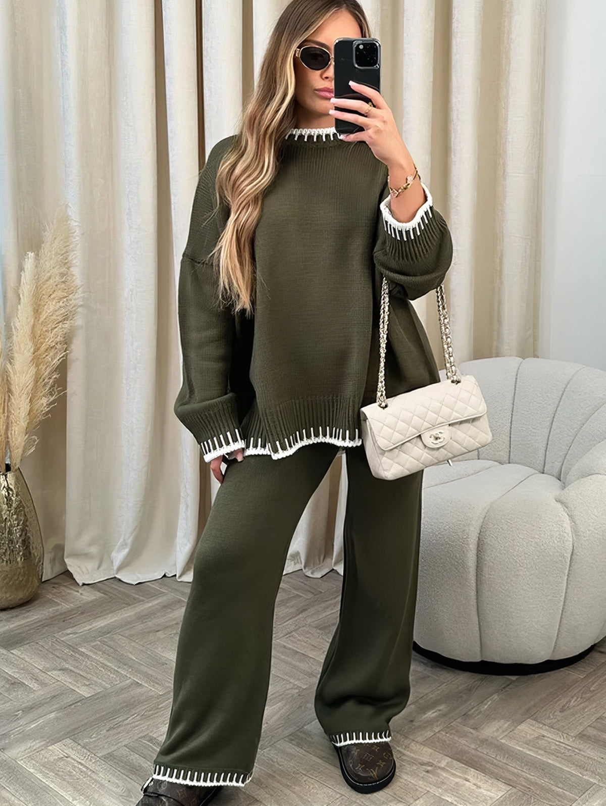 Kacob | Women's Contrast Trim Knit Co Ord – Oversized Jumper and Wide Leg Trousers