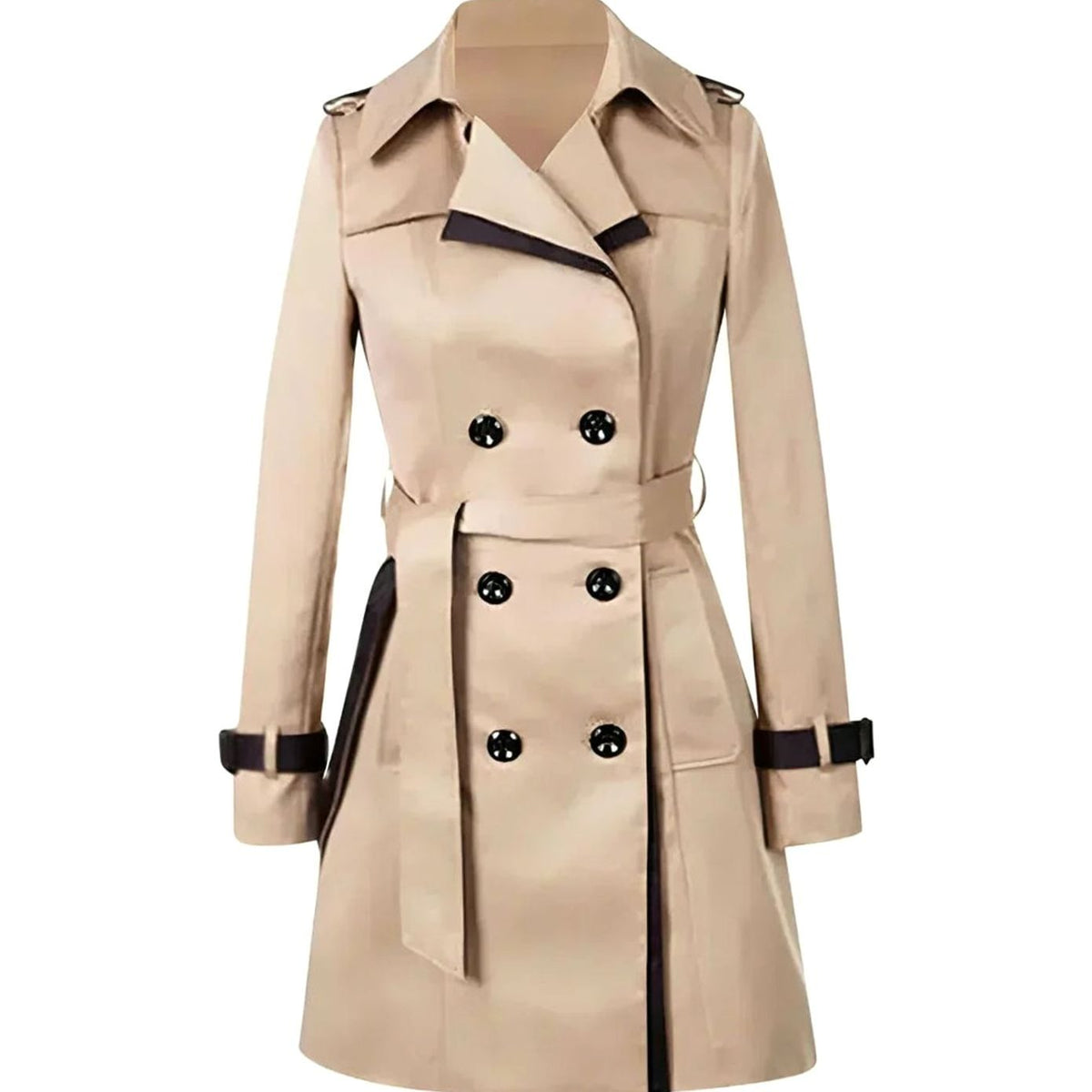 Kacob | Women's Contrast Trim Trench Coat – Double Breasted Belted Mac