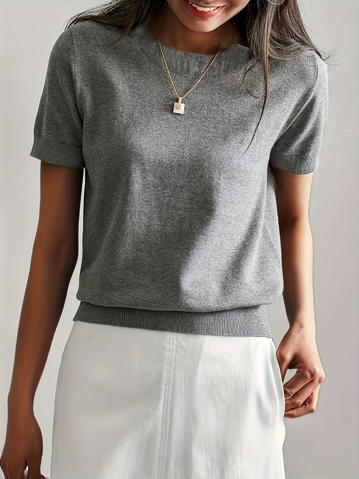 Women's Crew Neck Short Sleeve Knit Tee – Ribbed Hem Fine Knit Jumper Top