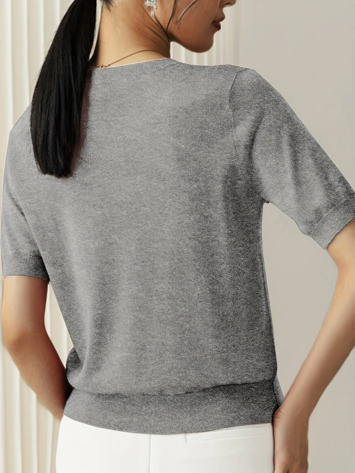 Women's Crew Neck Short Sleeve Knit Tee – Ribbed Hem Fine Knit Jumper Top