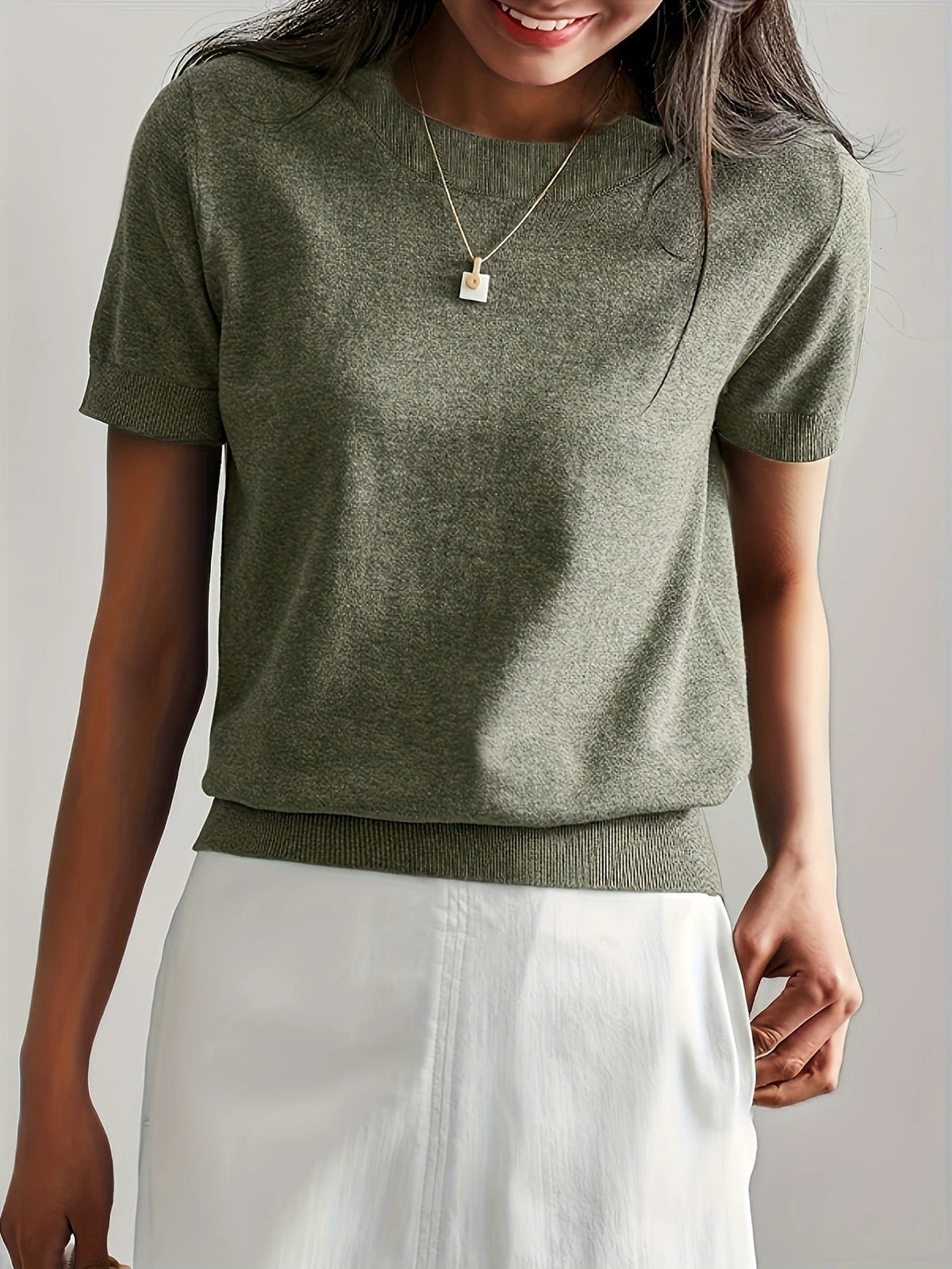 Women's Crew Neck Short Sleeve Knit Tee – Ribbed Hem Fine Knit Jumper Top