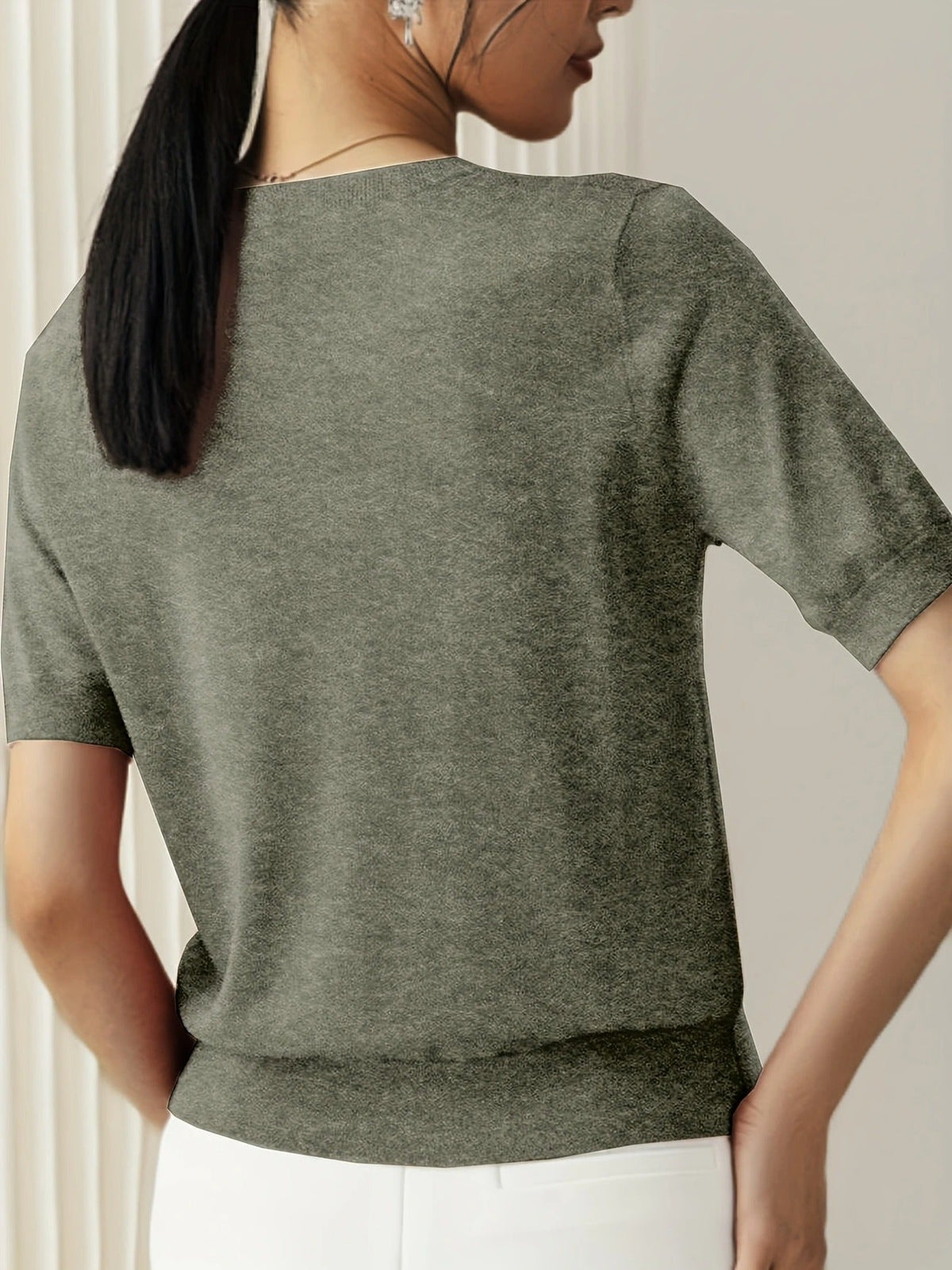 Women's Crew Neck Short Sleeve Knit Tee – Ribbed Hem Fine Knit Jumper Top