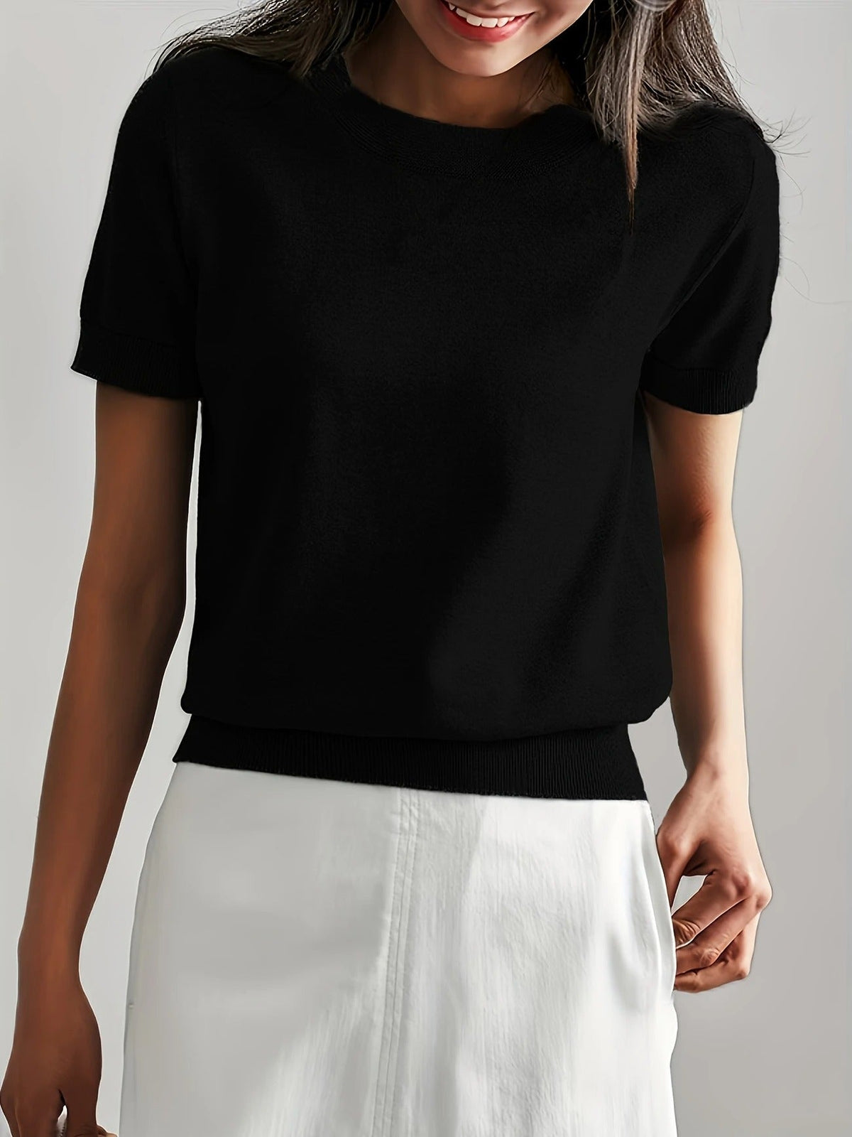 Women's Crew Neck Short Sleeve Knit Tee – Ribbed Hem Fine Knit Jumper Top
