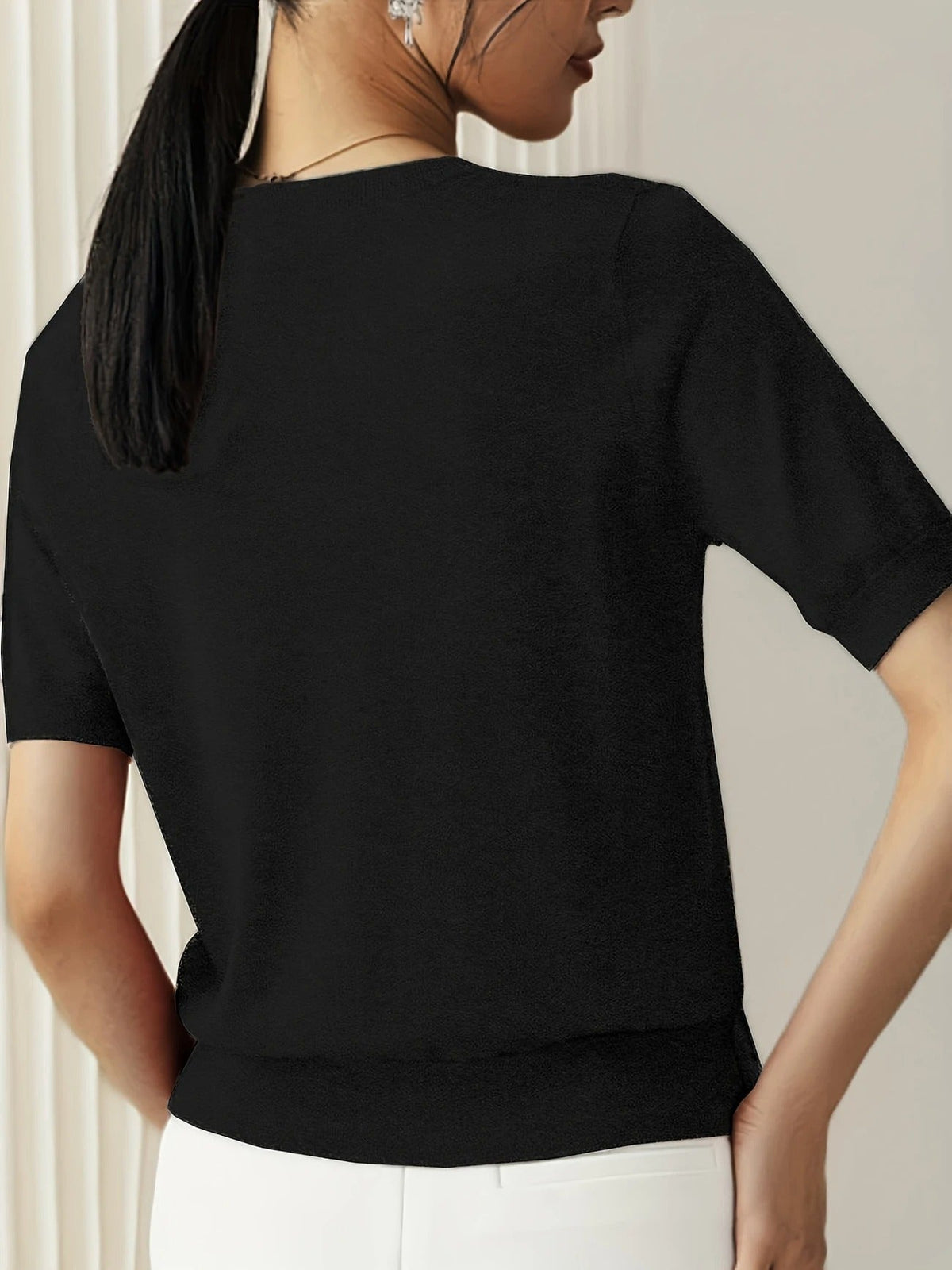 Women's Crew Neck Short Sleeve Knit Tee – Ribbed Hem Fine Knit Jumper Top