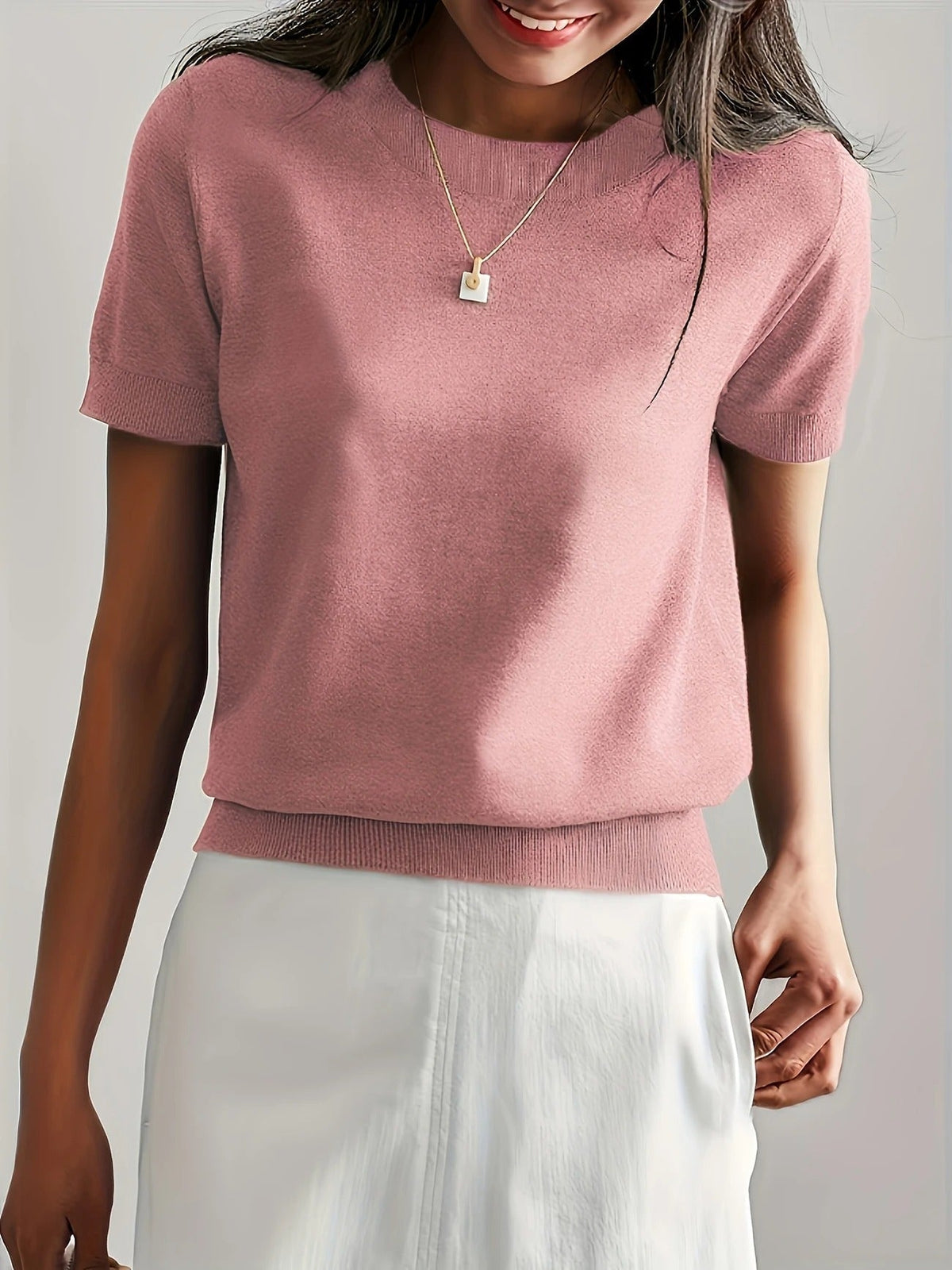 Women's Crew Neck Short Sleeve Knit Tee – Ribbed Hem Fine Knit Jumper Top