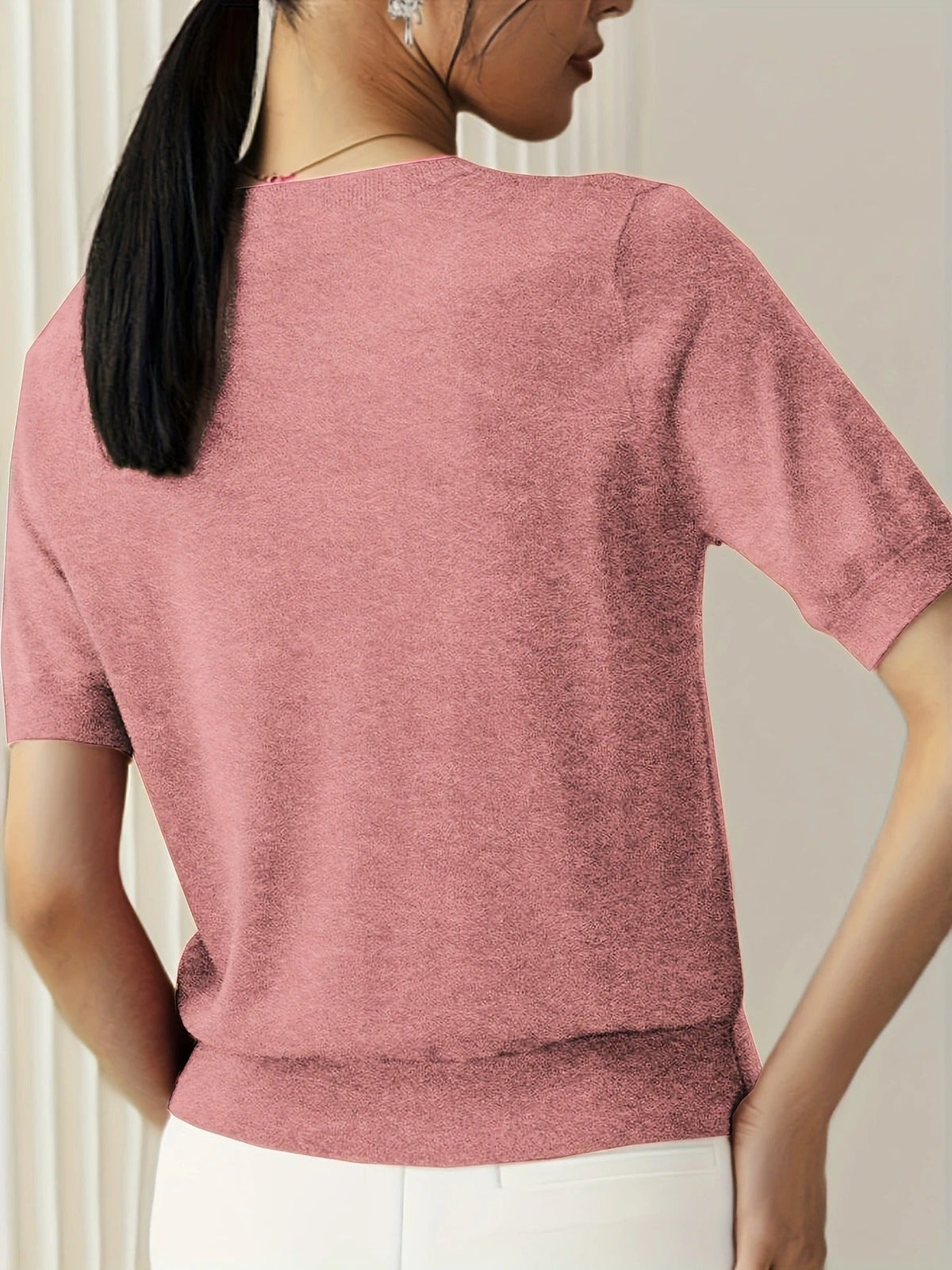 Women's Crew Neck Short Sleeve Knit Tee – Ribbed Hem Fine Knit Jumper Top