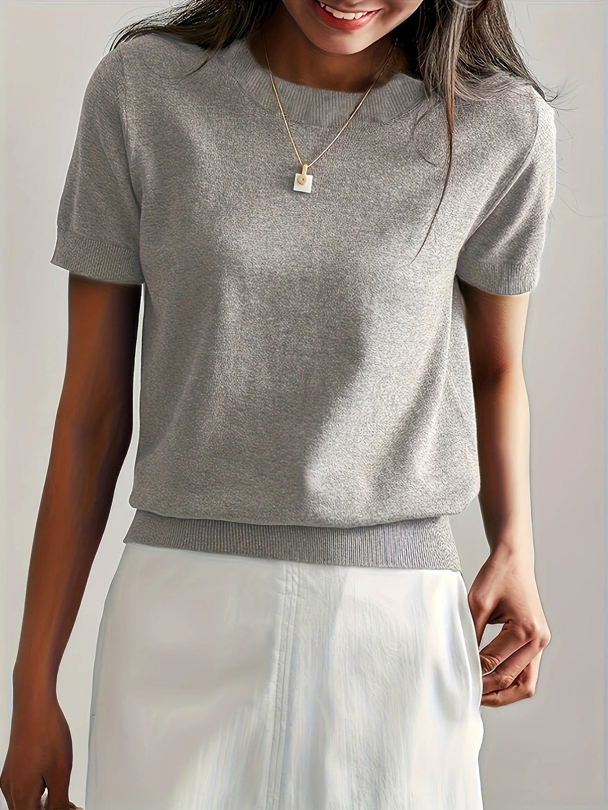 Women's Crew Neck Short Sleeve Knit Tee – Ribbed Hem Fine Knit Jumper Top