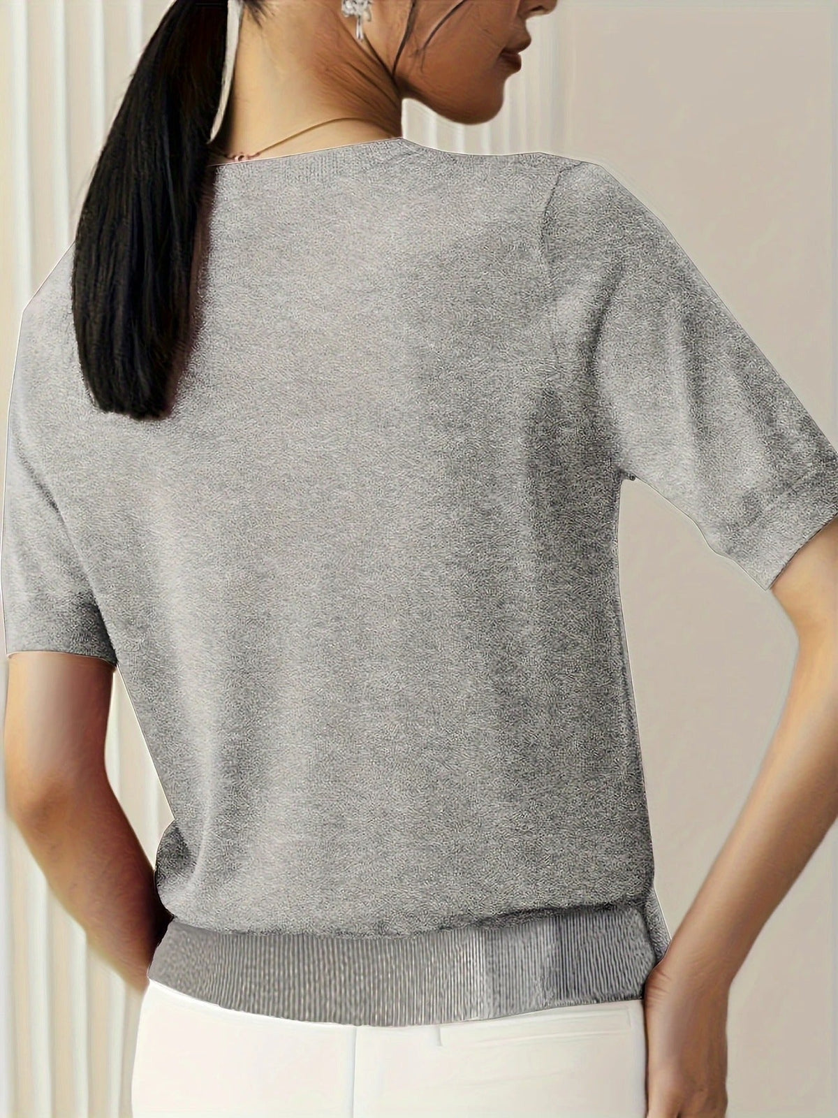 Women's Crew Neck Short Sleeve Knit Tee – Ribbed Hem Fine Knit Jumper Top