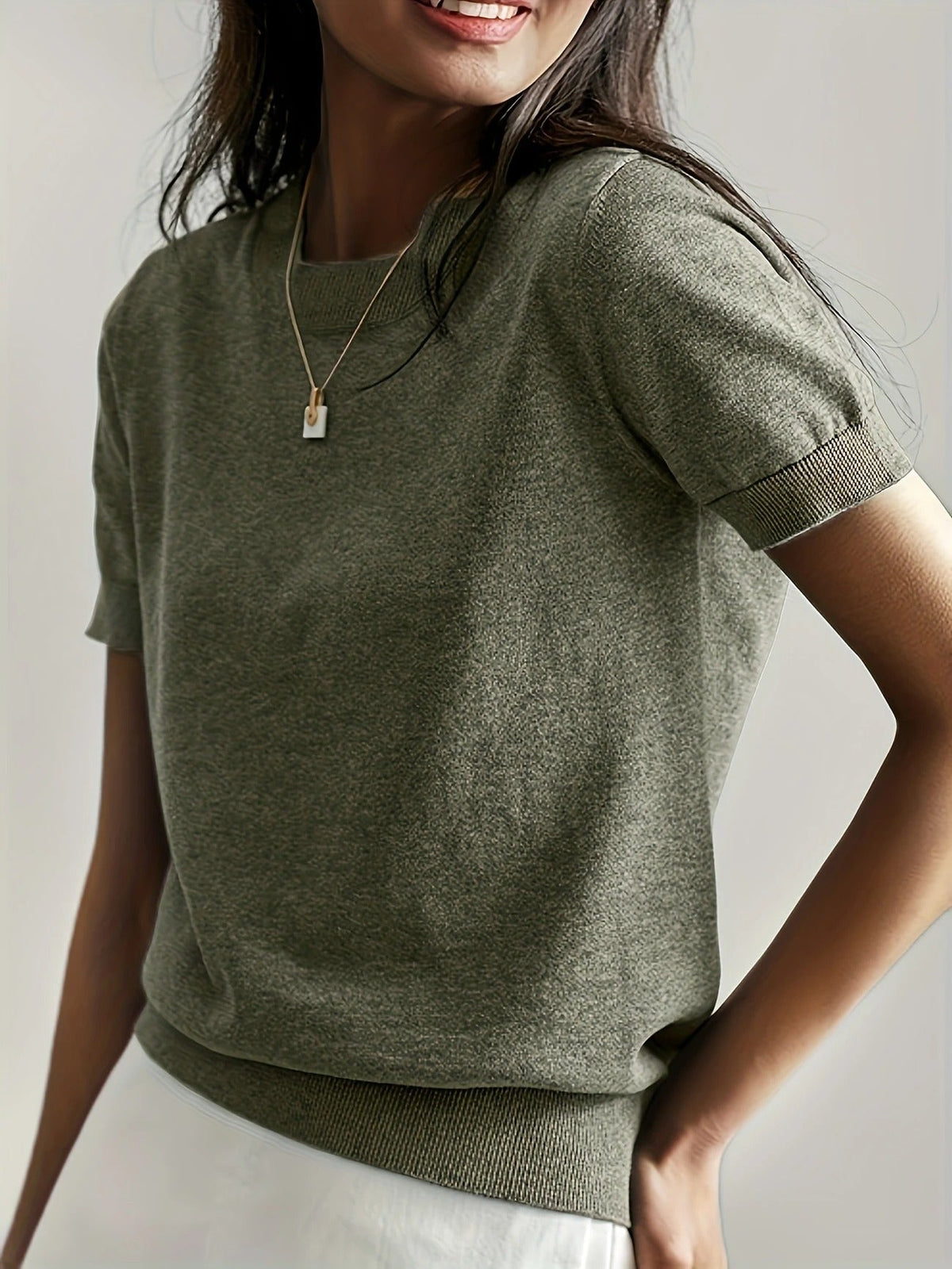 Women's Crew Neck Short Sleeve Knit Tee – Ribbed Hem Fine Knit Jumper Top