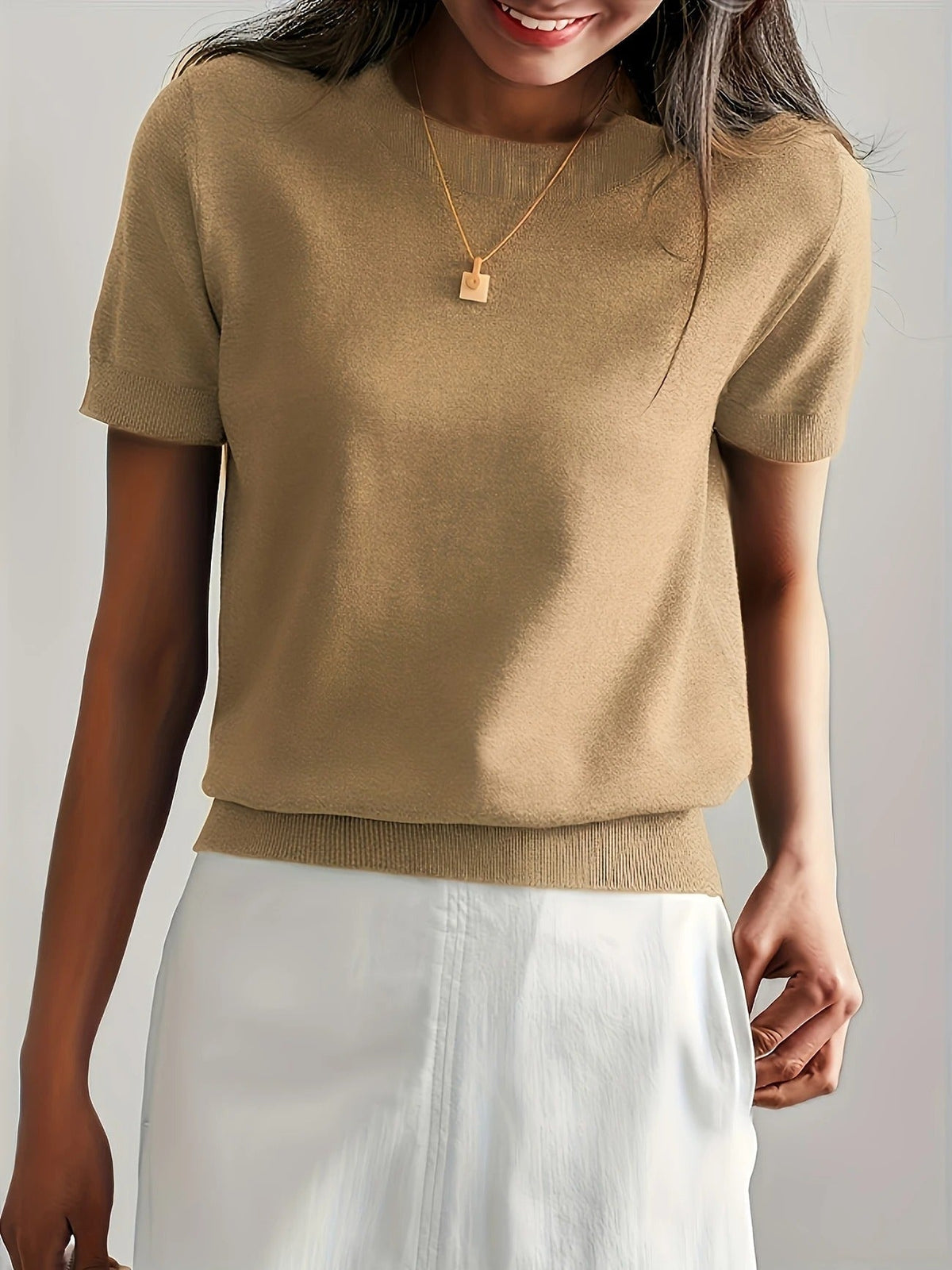 Women's Crew Neck Short Sleeve Knit Tee – Ribbed Hem Fine Knit Jumper Top