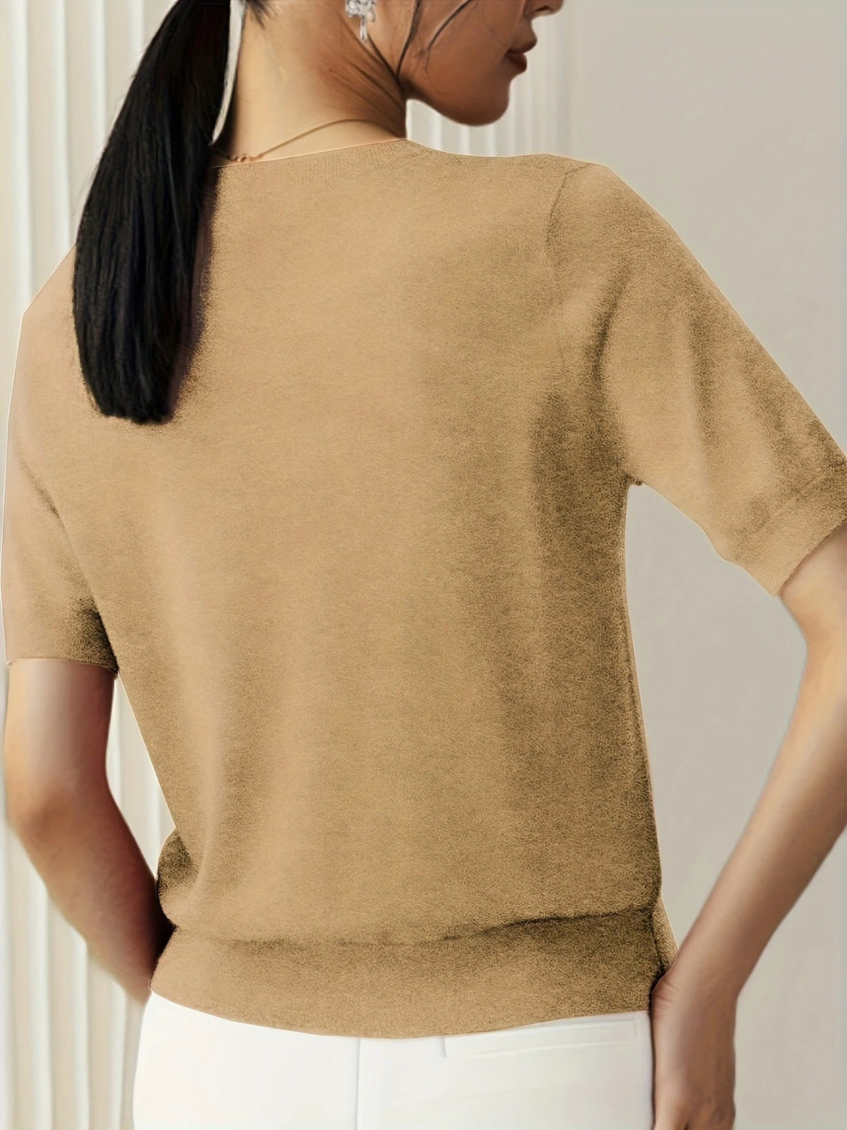 Women's Crew Neck Short Sleeve Knit Tee – Ribbed Hem Fine Knit Jumper Top