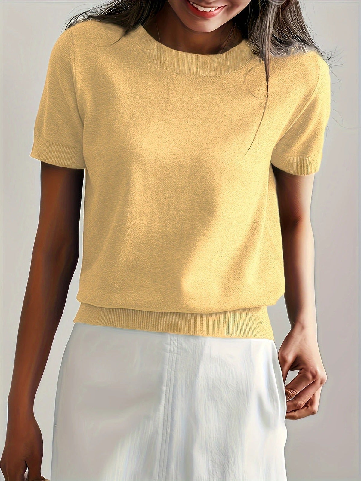 Women's Crew Neck Short Sleeve Knit Tee – Ribbed Hem Fine Knit Jumper Top