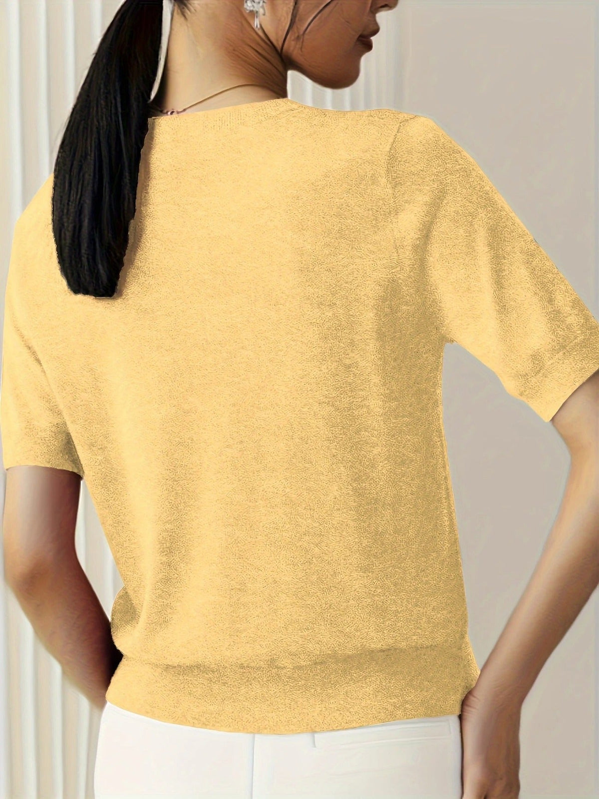 Women's Crew Neck Short Sleeve Knit Tee – Ribbed Hem Fine Knit Jumper Top