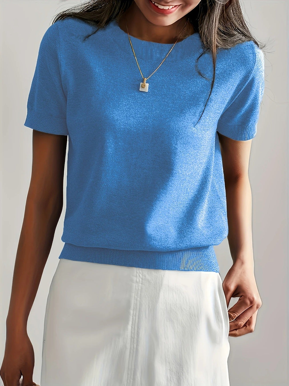 Women's Crew Neck Short Sleeve Knit Tee – Ribbed Hem Fine Knit Jumper Top