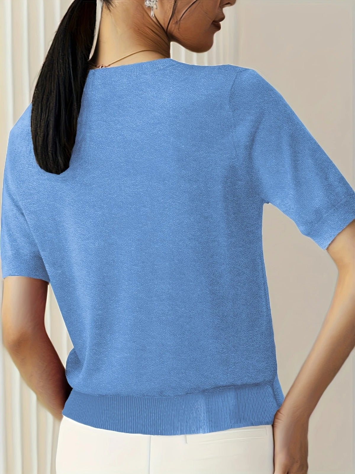 Women's Crew Neck Short Sleeve Knit Tee – Ribbed Hem Fine Knit Jumper Top