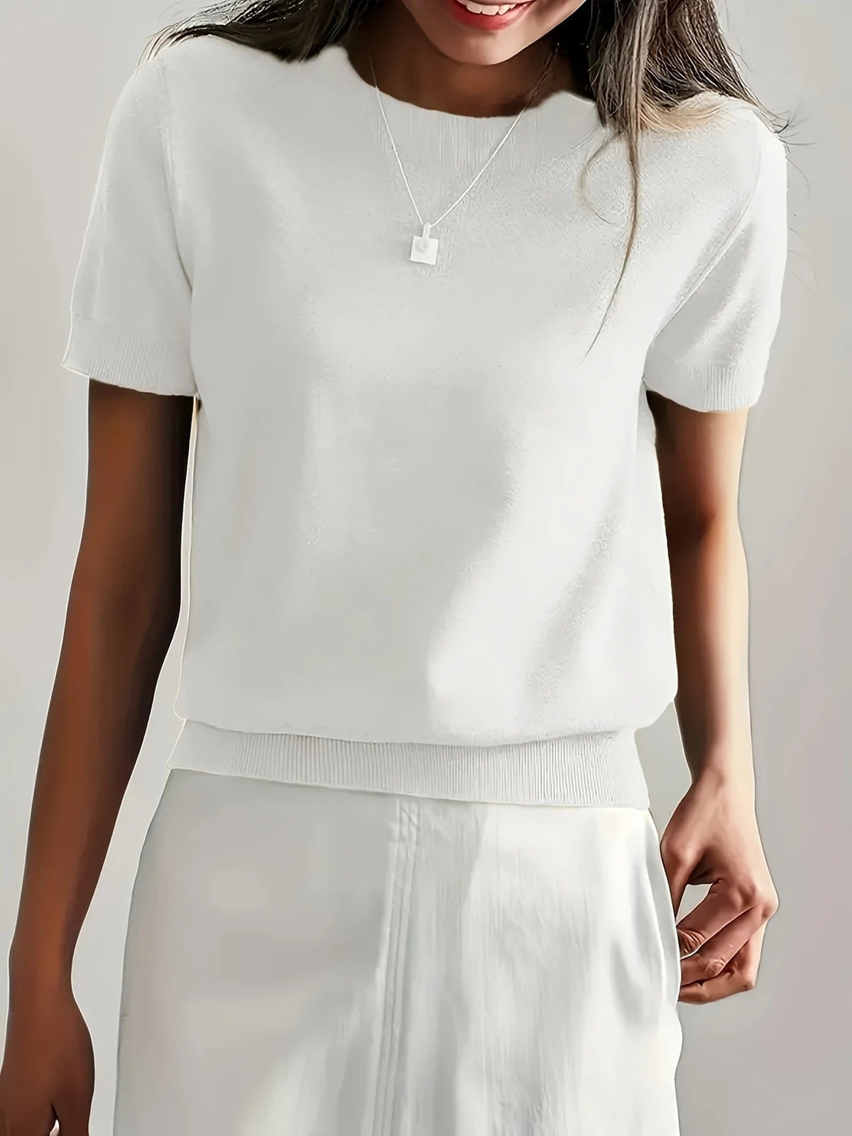 Women's Crew Neck Short Sleeve Knit Tee – Ribbed Hem Fine Knit Jumper Top