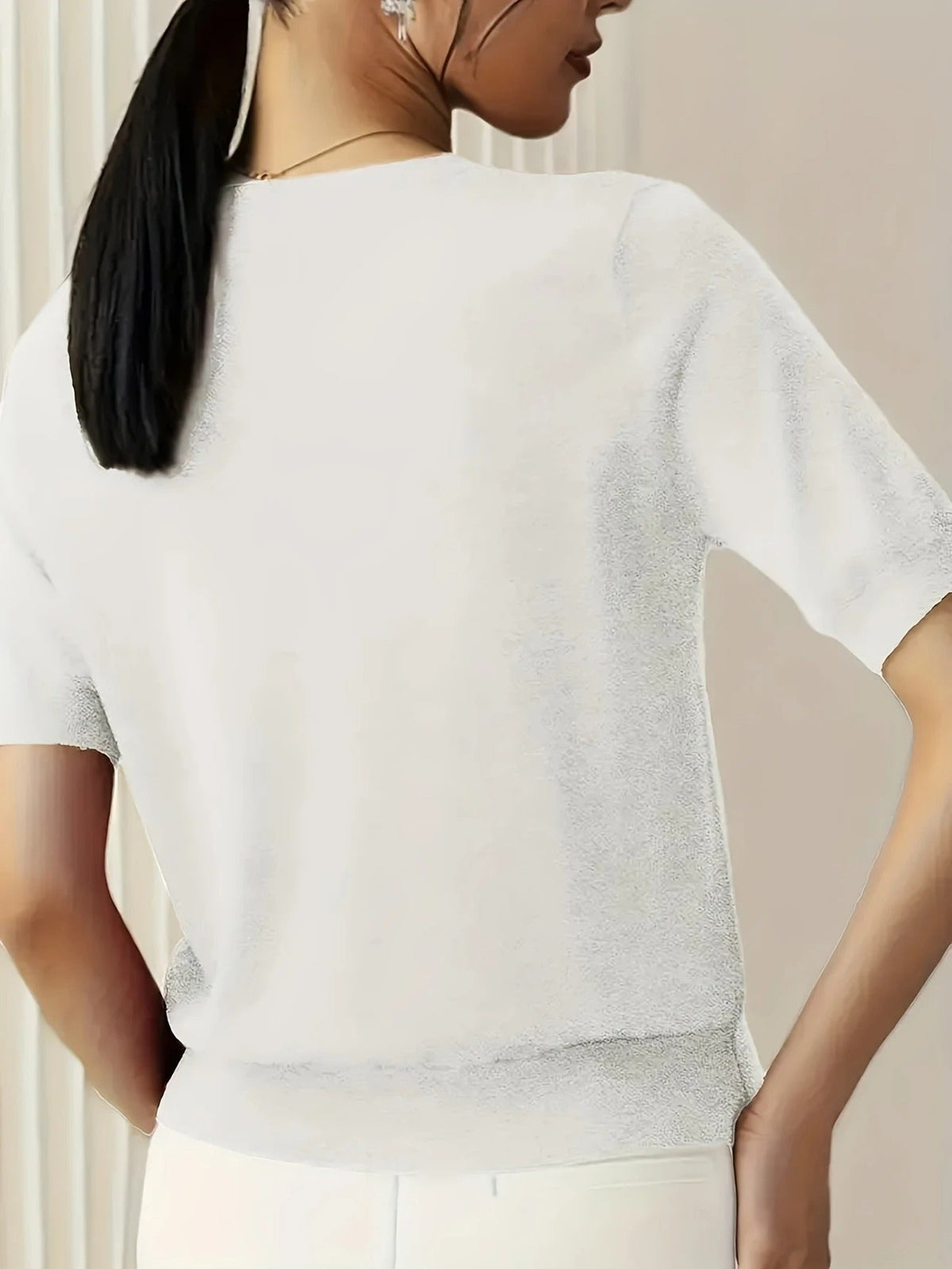 Women's Crew Neck Short Sleeve Knit Tee – Ribbed Hem Fine Knit Jumper Top