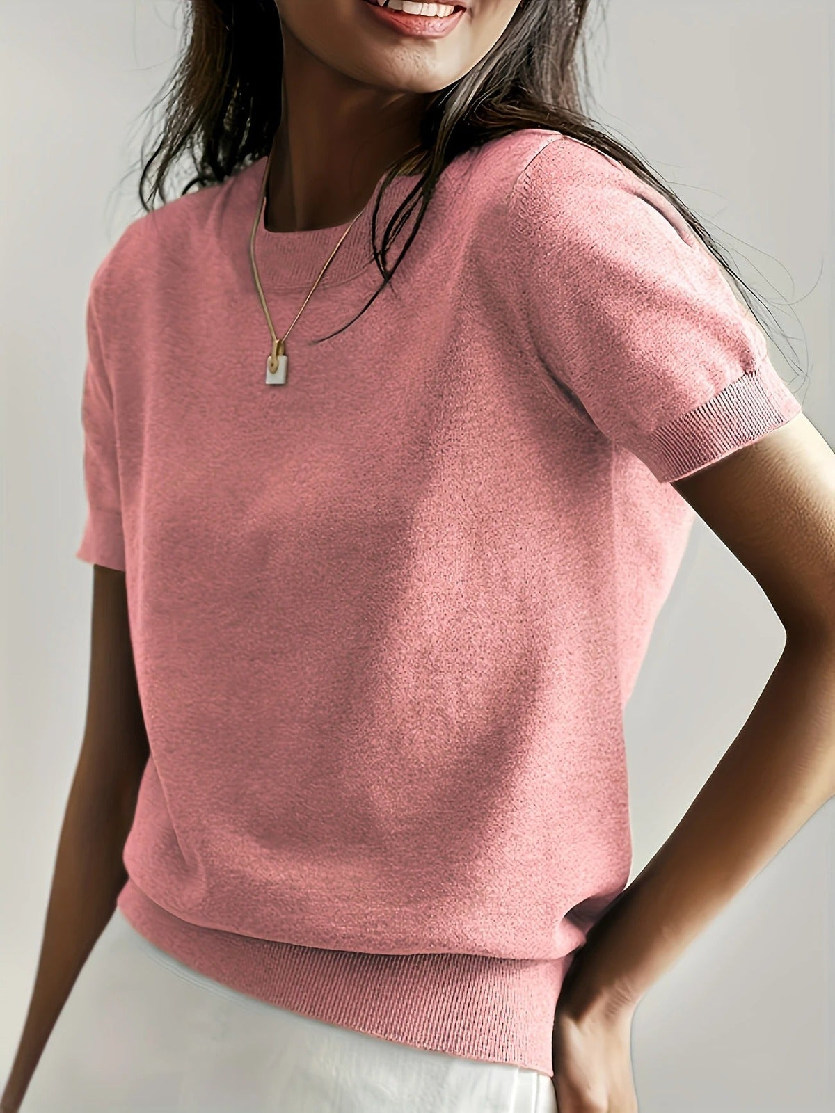 Women's Crew Neck Short Sleeve Knit Tee – Ribbed Hem Fine Knit Jumper Top