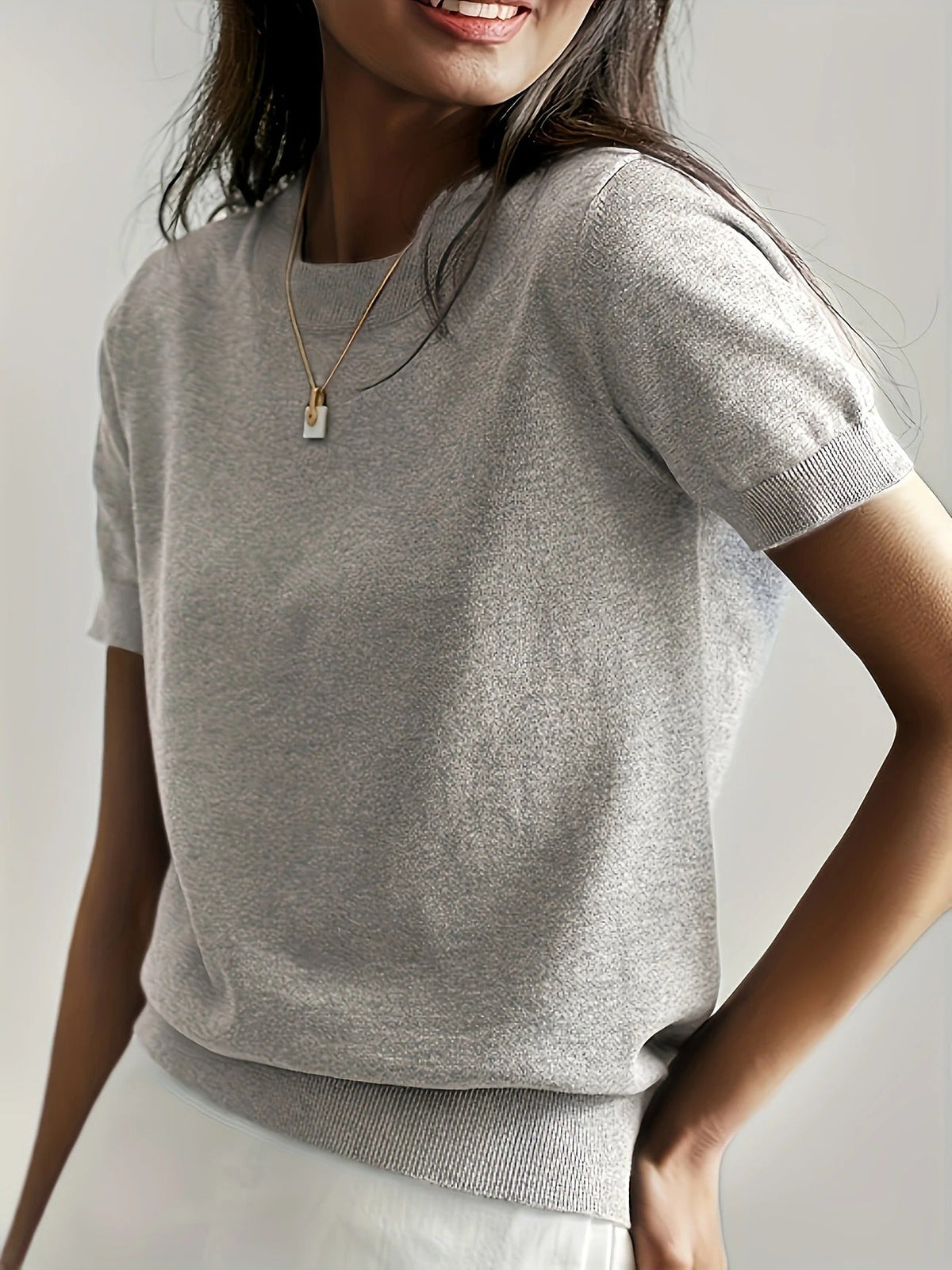 Women's Crew Neck Short Sleeve Knit Tee – Ribbed Hem Fine Knit Jumper Top