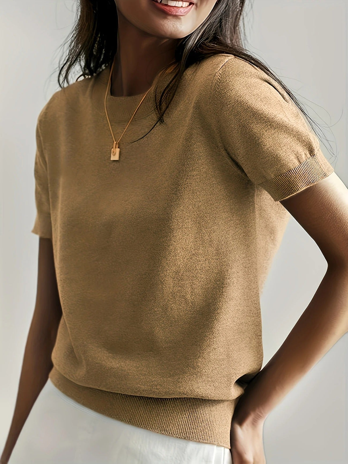 Women's Crew Neck Short Sleeve Knit Tee – Ribbed Hem Fine Knit Jumper Top