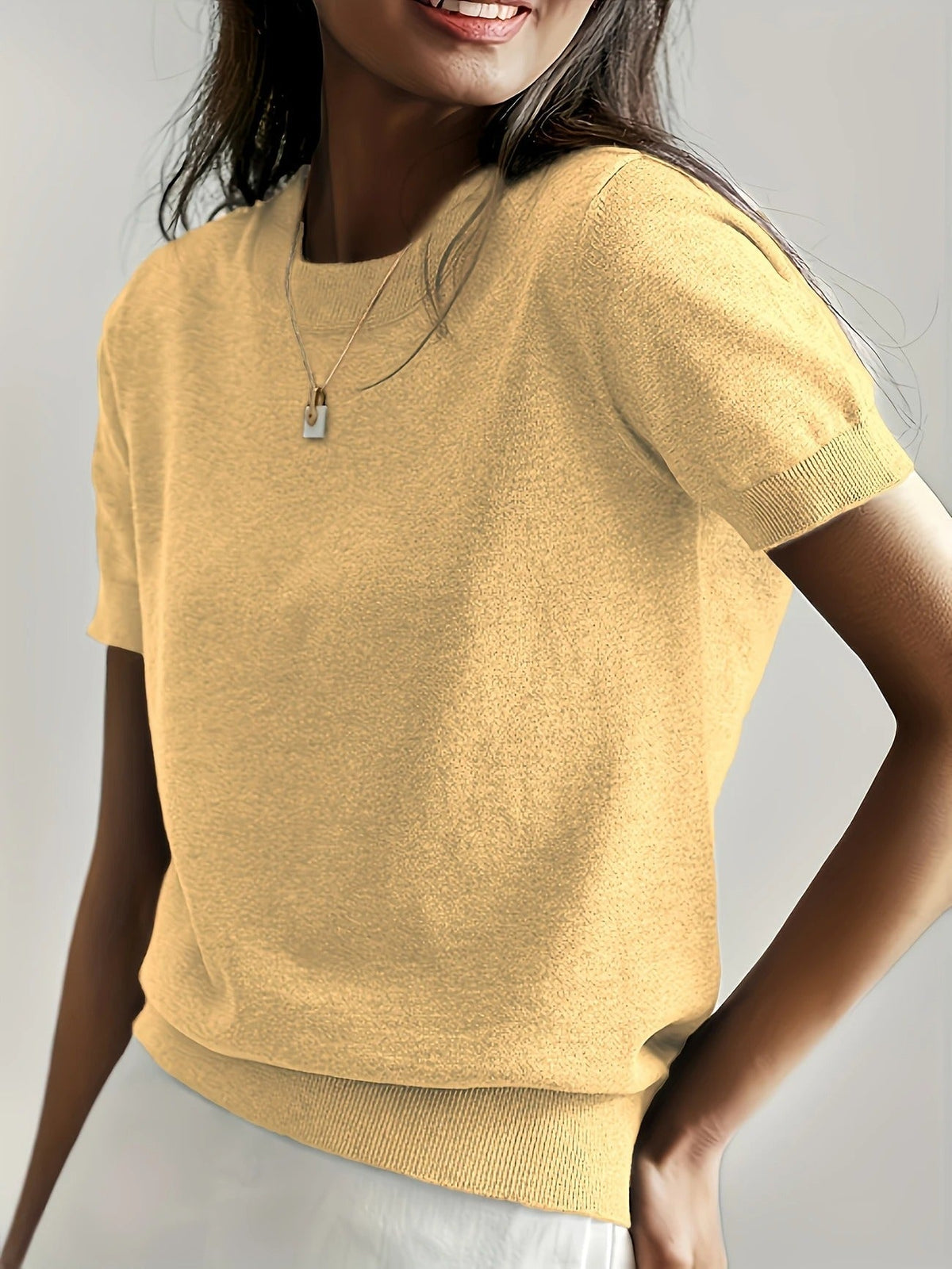 Women's Crew Neck Short Sleeve Knit Tee – Ribbed Hem Fine Knit Jumper Top