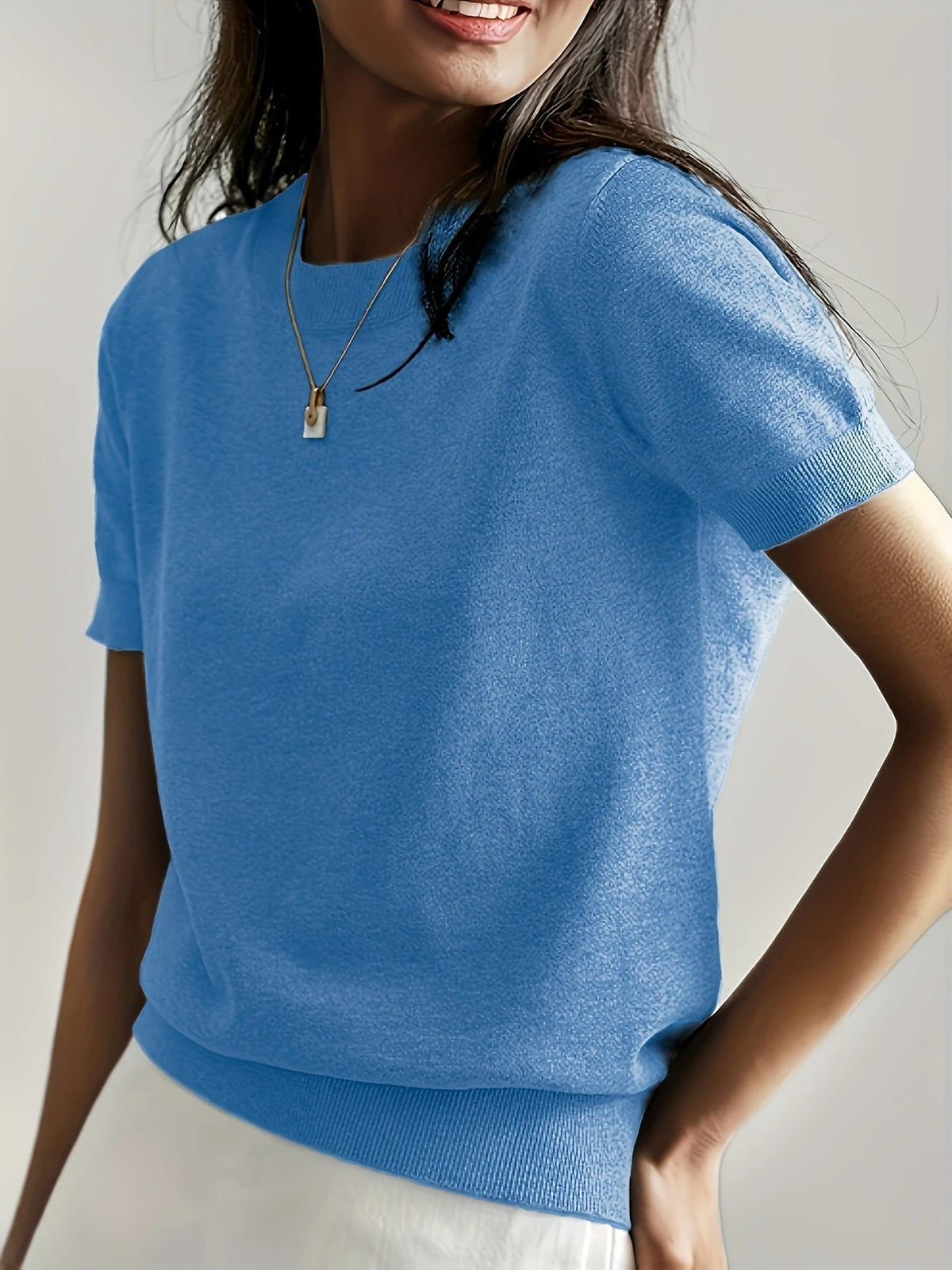Women's Crew Neck Short Sleeve Knit Tee – Ribbed Hem Fine Knit Jumper Top