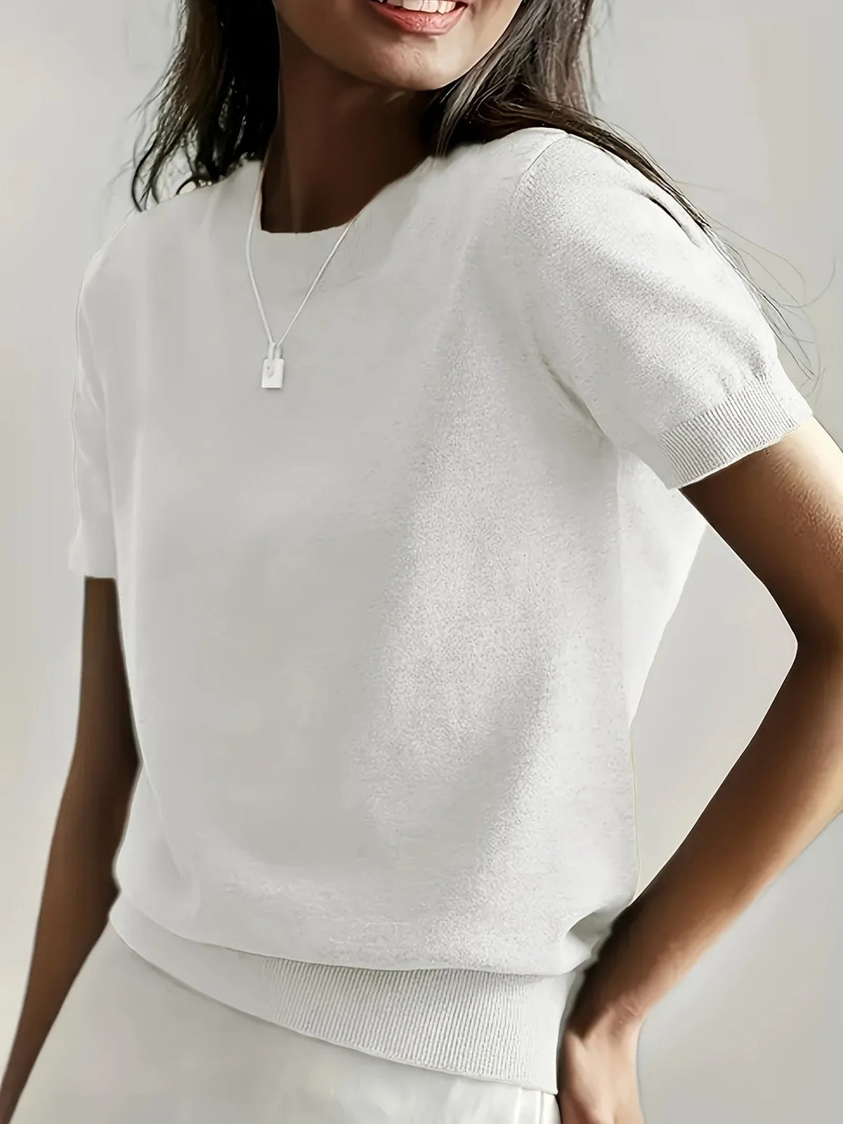 Women's Crew Neck Short Sleeve Knit Tee – Ribbed Hem Fine Knit Jumper Top