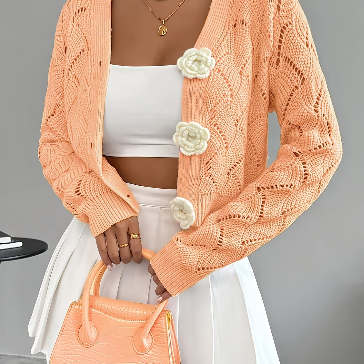 Women's Crochet Knit Cardigan with 3D Floral Buttons – Pointelle Cropped V Neck Knit