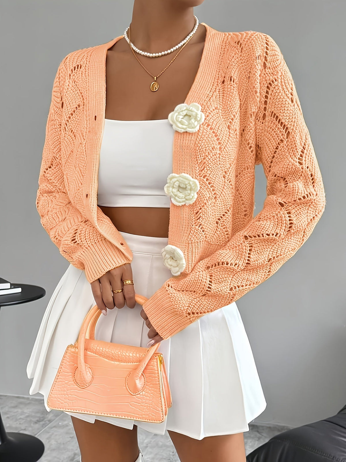 Women's Crochet Knit Cardigan with 3D Floral Buttons – Pointelle Cropped V Neck Knit