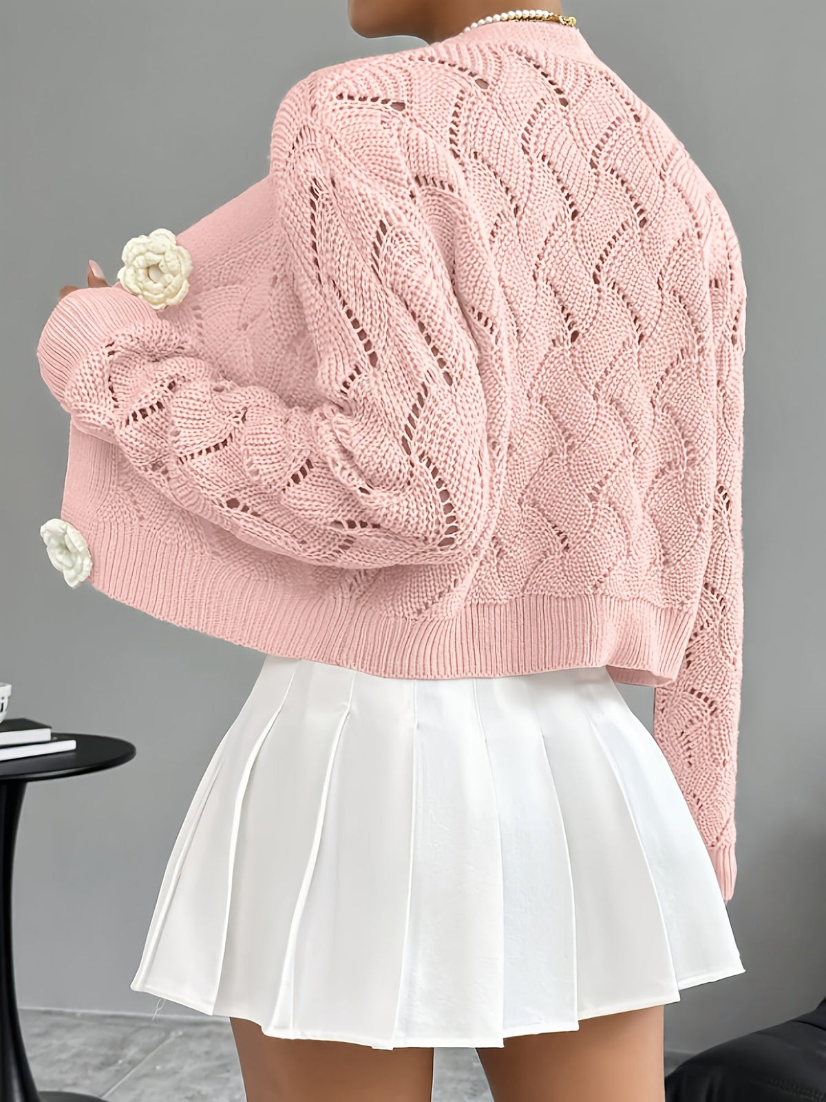 Women's Crochet Knit Cardigan with 3D Floral Buttons – Pointelle Cropped V Neck Knit